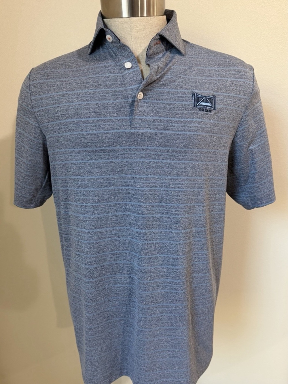 KJUS Polo Short Sleeve Shirt Mens Sz M 50 Golf Heather Blue Striped "The Gate"